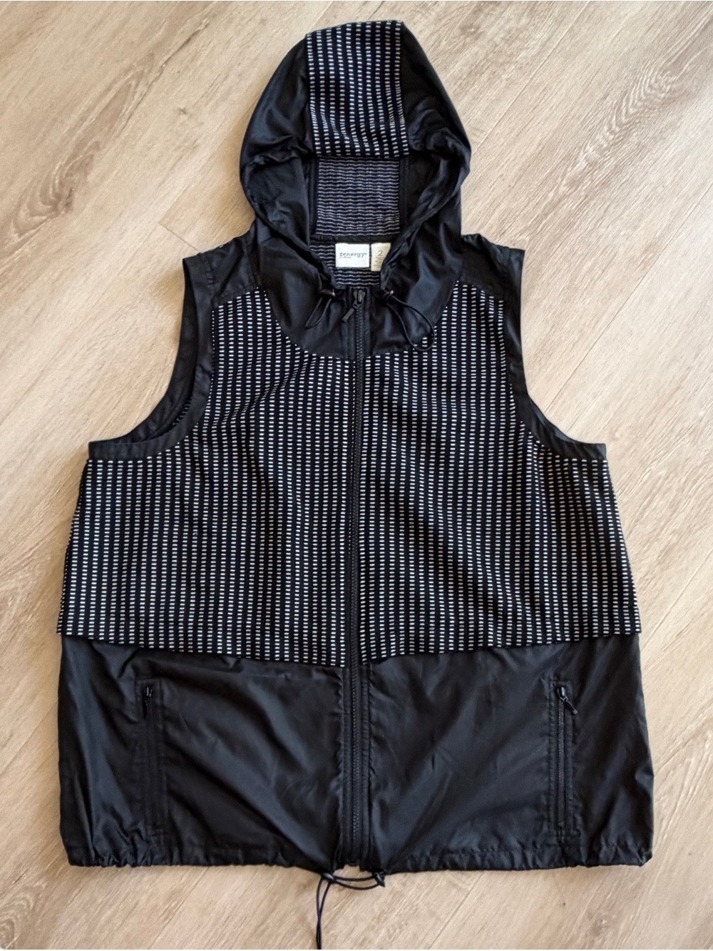 Lightweight Hooded Utility Vest in Black with Dot Stripe